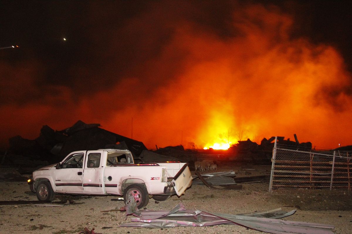 A fire burns at a fertilizer plant in West, Texas, after an explosion Wednesday. (Associated Press)