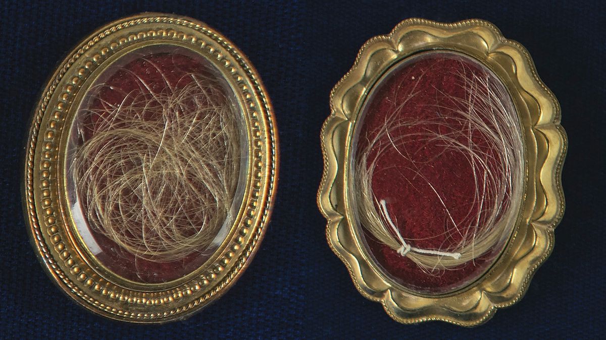 This undated photo released by RR Auction shows locks of hair from the heads of the first United States President George Washington, right, and from his wife Martha, left, up for auction between between Feb. 11-18, 2021, by the Boston-based auction firm.  (Nikki Brickett)