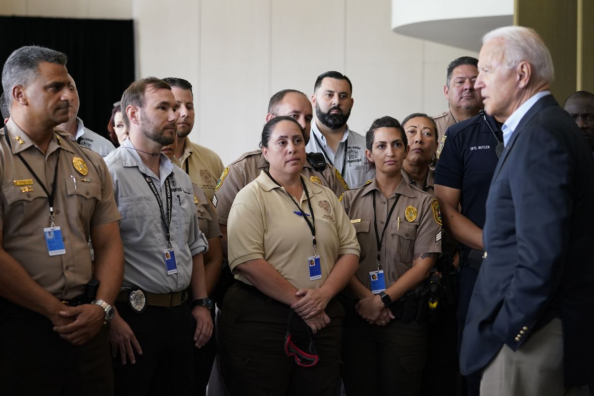 President Joe Biden meets with first responders in Miami Beach, Fla., Thursday, July 1, 2021, who were working on the condo tower that collapsed in Surfside, Fla., last week.  (Susan Walsh)