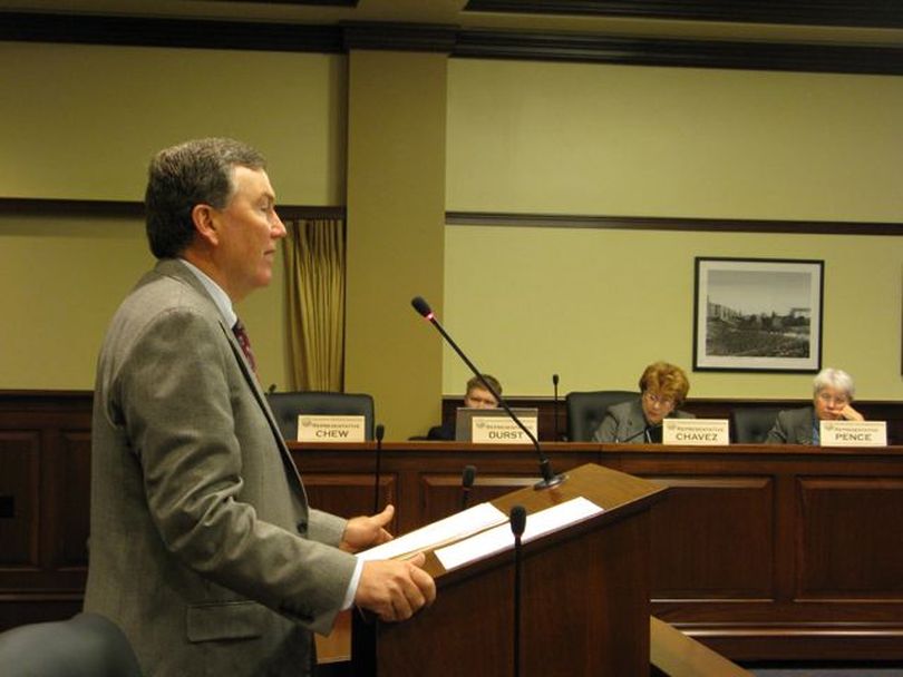House Assistant Majority Leader Scott Bedke, R-Oakley, presents legislation Monday morning to create a budget stabilization fund for Idaho's colleges and universities. The House Education Committee voted unanimously to introduce the bill. (Betsy Russell)