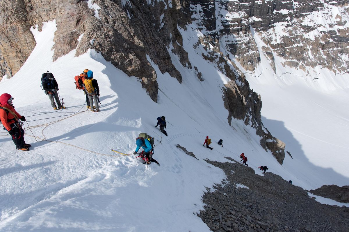 Members of the Spokane Mountaineers 2018 Mountain School class climb down the headwall at Mount Athabasca in Canada on May 27, 2018. (Eli Francovich / The Spokesman-Review)