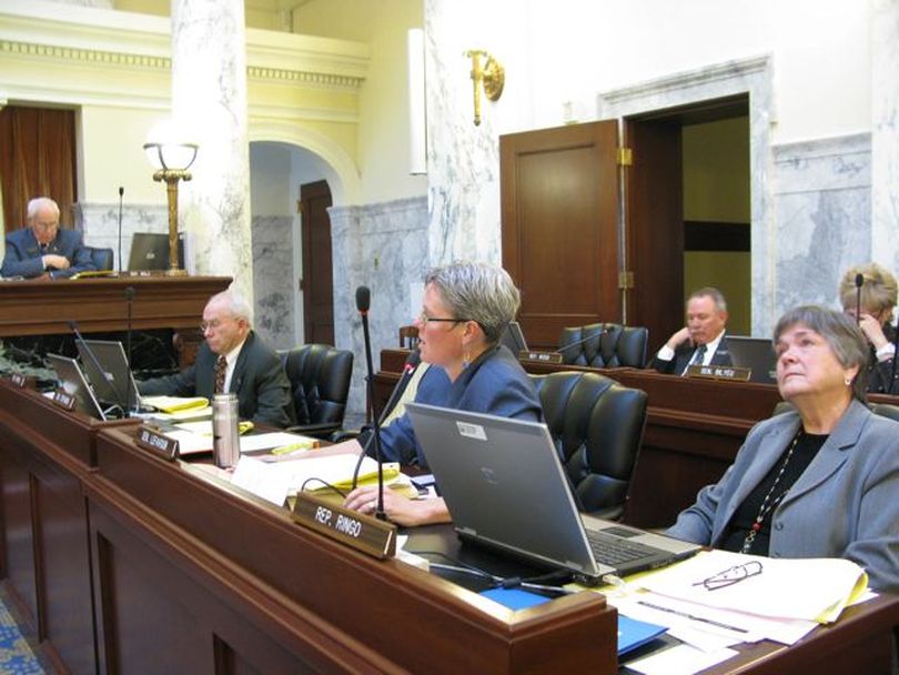 Sen. Nicole LeFavour, D-Boise, center, argues Friday for adding back in $2.2 million in funding for mental health services for patients who otherwise would be a danger to themselves or others; her move failed on a party-line vote. (Betsy Russell)