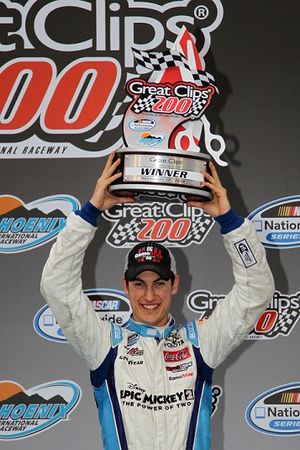 Joey Logano, driver of the #18 GameStop/Epic Mickey2 Toyota, poses in Victory Lane after winning the NASCAR Nationwide Series Great Clips 200 at Phoenix International Raceway on Nov. 10, 2012, in Avondale, Ariz. (Photo Credit: Todd Warshaw/Getty Images for NASCAR) (Todd Warshaw / Getty Images North America)