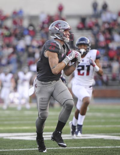Is River Cracraft the best slot receiver that Mike Leach has coached. He made a case for it with this 71-yard TD catch from Tyler Hilinski in the second half of Saturday’s game against Arizona at Martin Stadium in Pullman. (Tyler Tjomsland / The Spokesman-Review)