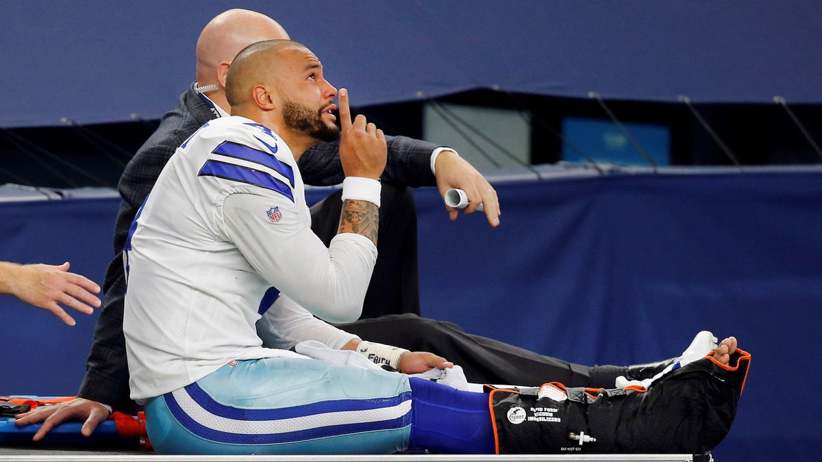 Dallas Cowboys quarterback Dak Prescott points skyward as he is carted off the field after sustaining a leg injury in the third quarter of an NFL game against the New York Giants in Arlington, Texas, on Sunday. If you’ve ever had a leg or an arm “fall asleep,” the nerves in your brain and body were sending you an important message.  (Tom Fox/The Dallas Morning News/The Associated Press)