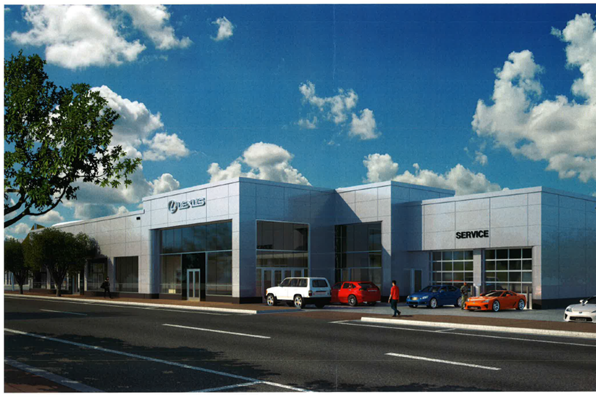 A image of the proposed Larry H. Miller Lexus showroom before it was changed to preserve the historic character of the adjoining building. Courtesy City of Spokane