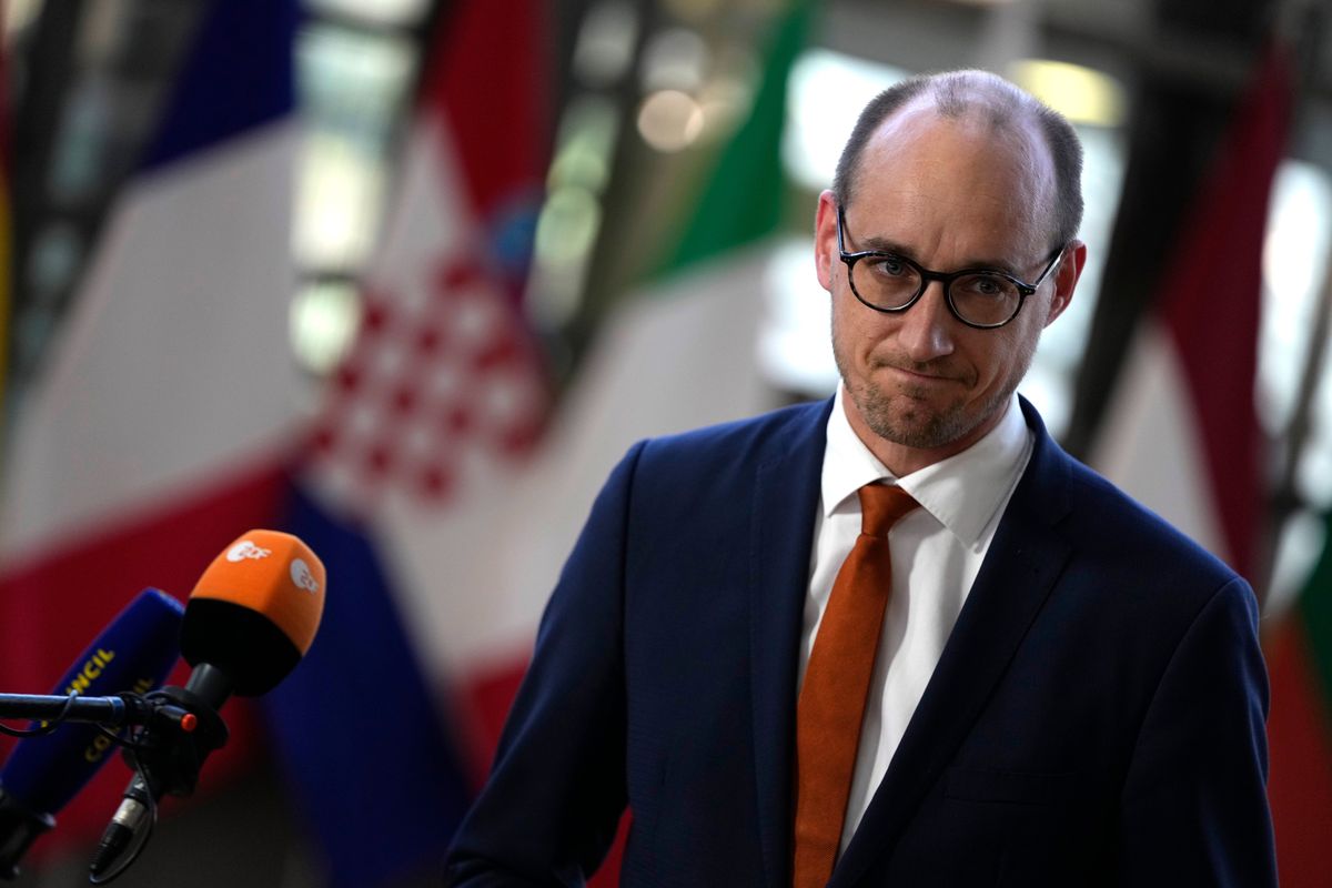 Belgium’s Finance Minister Vincent Van Peteghem speaks with the media as he arrives for a meeting of eurogroup finance ministers at the European Council building in Brussels, Monday, Jan. 17, 2022. Euro finance chiefs hold their first meeting of 2022 in Brussels today facing a challenge that spilled over from last year: surging prices. Inflation in the 19-nation euro area has risen to a record amid an energy-market squeeze while the economic outlook for Europe has dimmed following a recovery in 2021 from the pandemic-induced recession.  (Virginia Mayo)
