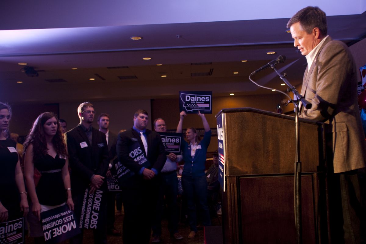 Rep. Steve Daines, R-Mont., gives a speech after his Republican primary victory on Tuesday in Bozeman. (Associated Press)