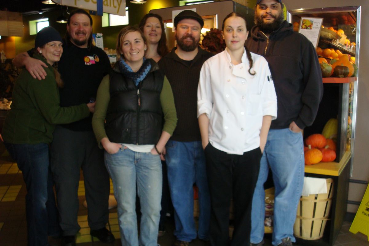 The staff at Main Market Cooperative includes, from left, Susan Carlsteen, Carl Carlsteen,  Megan Humphries,  Jeanette Hamilton,  Brett Schmahl,  Shanon Davis and Jon Hamilton. (Shallan Knowles  / Down to Earth NW Correspondent)