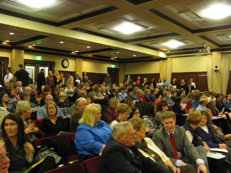 The crowd more than filled the Capitol Auditorium, the Capitol's largest hearing room, for Friday's first-ever public hearing on public school funding held by the Legislature's joint budget committee. (Betsy Russell)