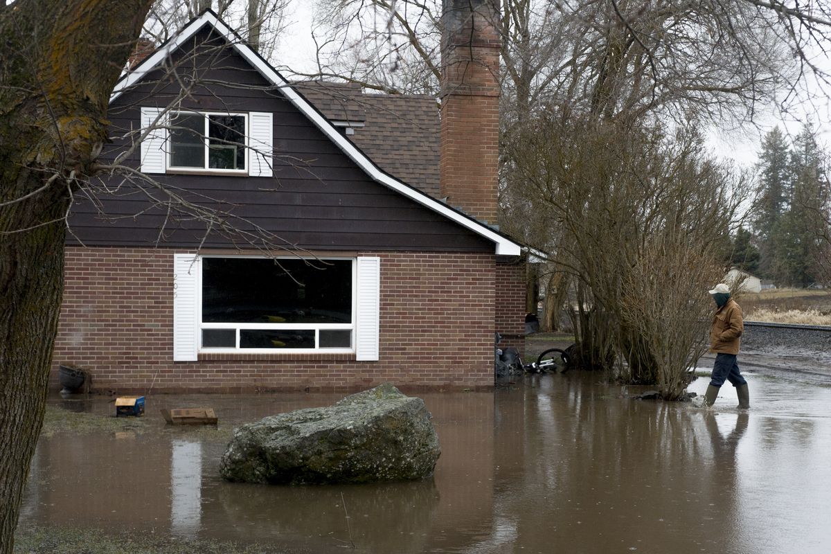 Rick Noll, a water resources project coordinator with Spokane County, inspects a flooded home Thursday on North Ash Street in Spangle. (Tyler Tjomsland)