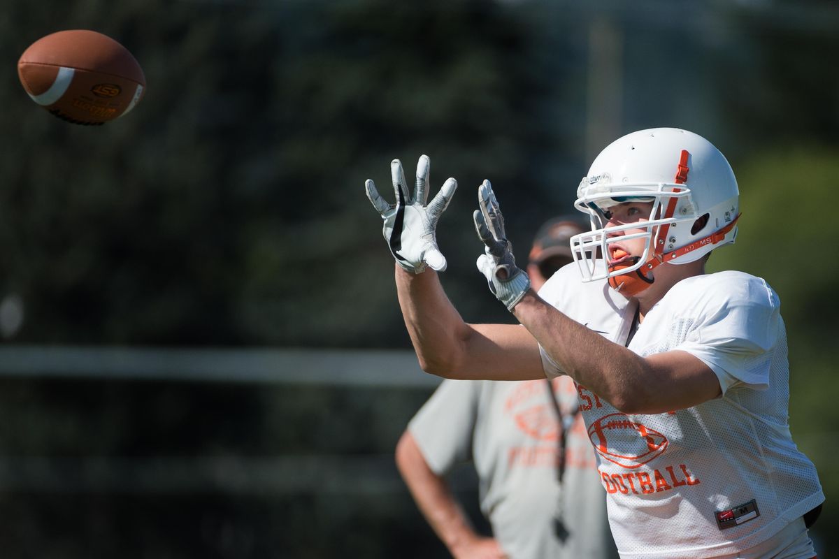 West Valley’s Connor Whitney runs through drills during practice on Monday, Aug. 21, 2017, at West Valley High School in Spokane Valley, Wash. (Tyler Tjomsland / The Spokesman-Review)