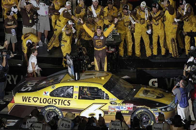 David Ragan, driver of the #6 UPS Ford, celebrates after winning the NASCAR Sprint Cup Series Coke ZERO 400 Powered by Coca-Cola at Daytona International Speedway on July 2, 2011 in Daytona Beach, Florida. (Photo by Chris Graythen/Getty Images) (Chris Graythen / Getty Images North America)