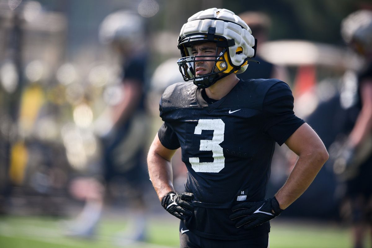 Idaho running back Nick Romano pauses between plays during a fall camp practice on Wednesday at the University of Idaho