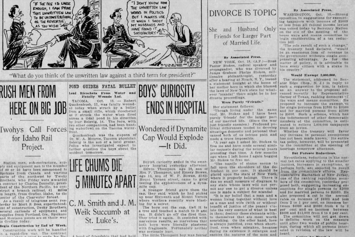 Two boys were injured after they found a blasting cap on the South Hill, The Spokesman-Review reporter on Oct. 19, 2025. The newspaper also reported that the Northern Pacific Railroad was hiring contractors to build a 41 branch railroad from Orofino, Idaho, to "the center of the Clearwater forest." (Spokesman-Review archives)