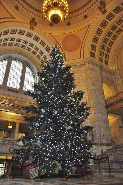 OLYMPIA – The Association of Washington Business Holiday Kids’ Tree adorns the Rotunda of the domed Legislative Building on the Capitol Campus. (Jim Camden / The Spokesman-Review)