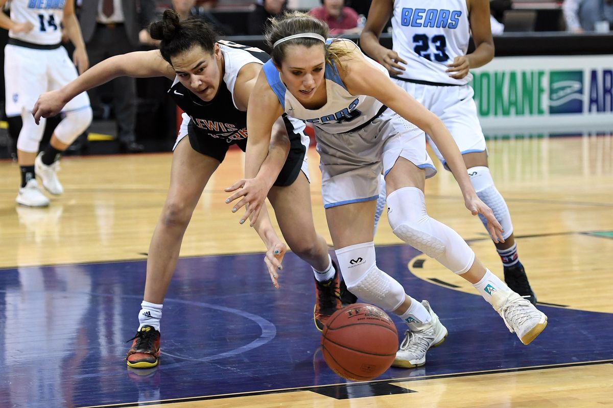 Lewis and Clark’s Jacinta Buckley, left, and Central Valley’s Lexie Hull  scramble for a loose ball during the District 8 4A title game, Feb. 16, 2018, in the  Arena. (Colin Mulvany / The Spokesman-Review)