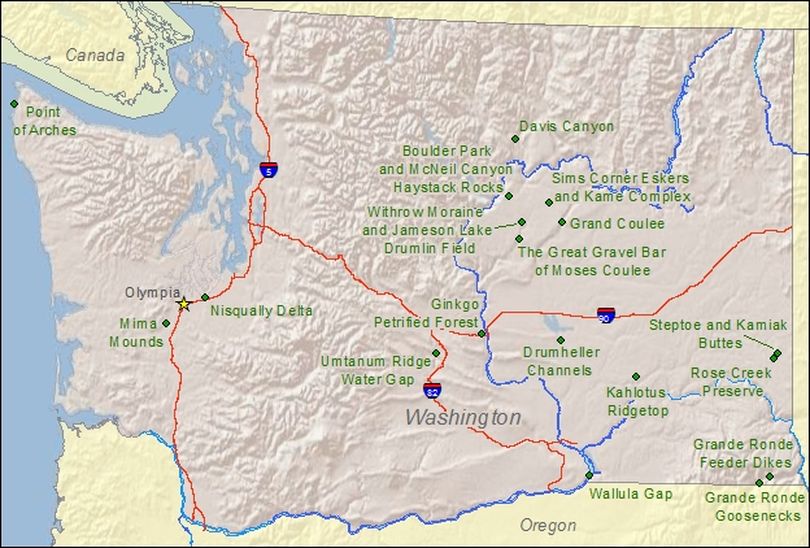National Landmarks map for Washington. (National Park Service)
