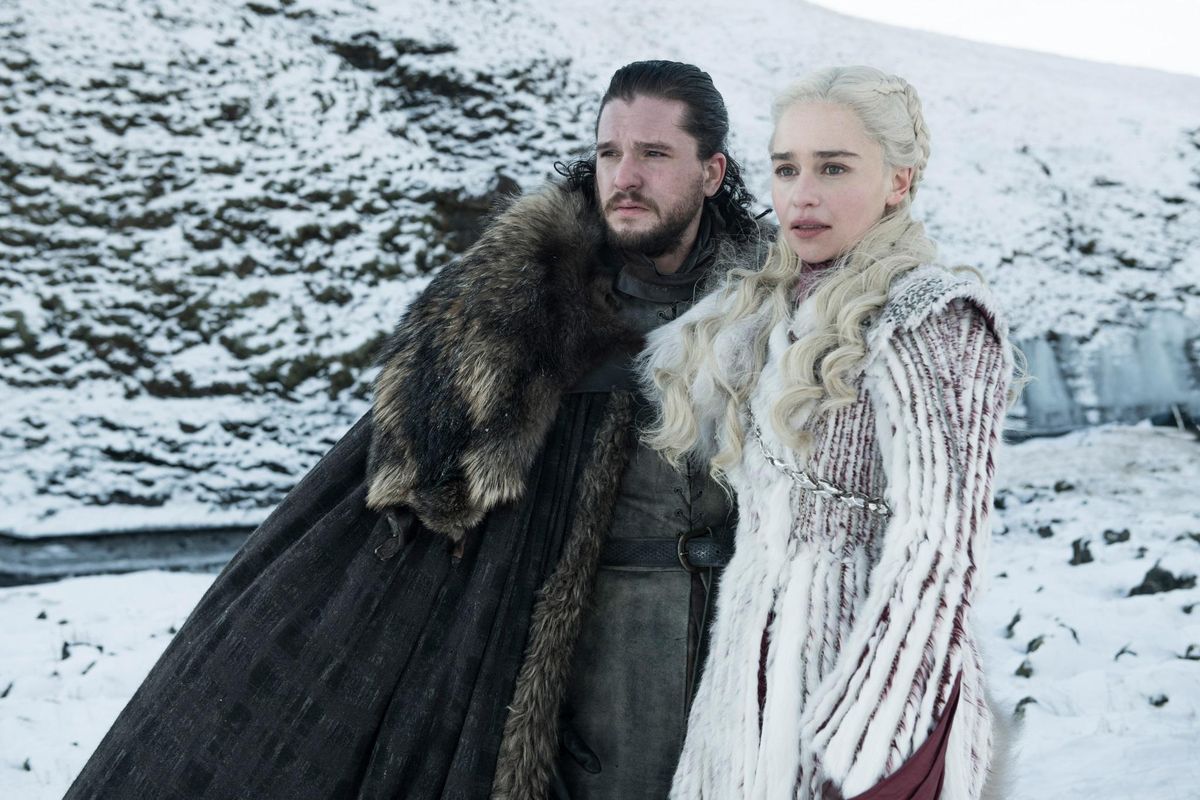 Kit Harington and Emilia Clarke in the final season of “Game of Thrones.” (Helen Sloane / HBO)