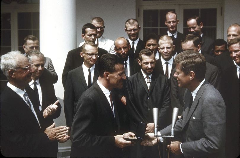 In this 1963 photo released by Henry S. Hall, Jr. American Alpine Club Library, Barry Corbet Personal Papers and Films, President John F. Kennedy, bottom right, greets members of the 1963 American Mount Everest Expedition team at the White House Rose Garden in Washington. Surviving members of the first American expedition team to reach the top of Mt. Everest are celebrating the 50th anniversary of their mountaineering milestones. Jim Whittaker rweached the top of the world on May 1, 1963, a decade after Britain's Edmund Hillary. Three weeks later, two other Americans, Tom Hornbein and Willi Unsoeld, became the first men ever to scale Everest via more dangerous route on the mountain's west side. (Henry S. Hall, Jr. American Alpine Club Library, Barry Corbet Pe)