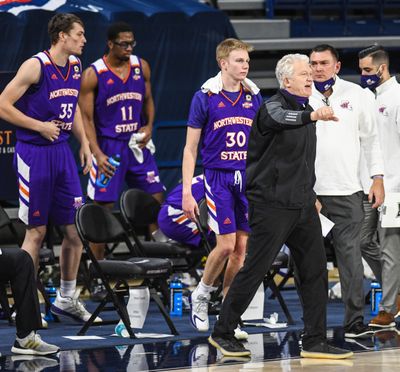 Northwestern State coach Mike McConathy calls a timeout against Gonzaga on Monday in the McCarthey Athletic Center.  (DAN PELLE/THE SPOKESMAN-REVIEW)