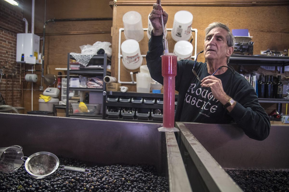 Grep Lipsker tests tempranillo grapes for their brix, or sugar levels, after a crush Oct. 10, 2017, at Barrister Winery. (Dan Pelle / The Spokesman-Review)