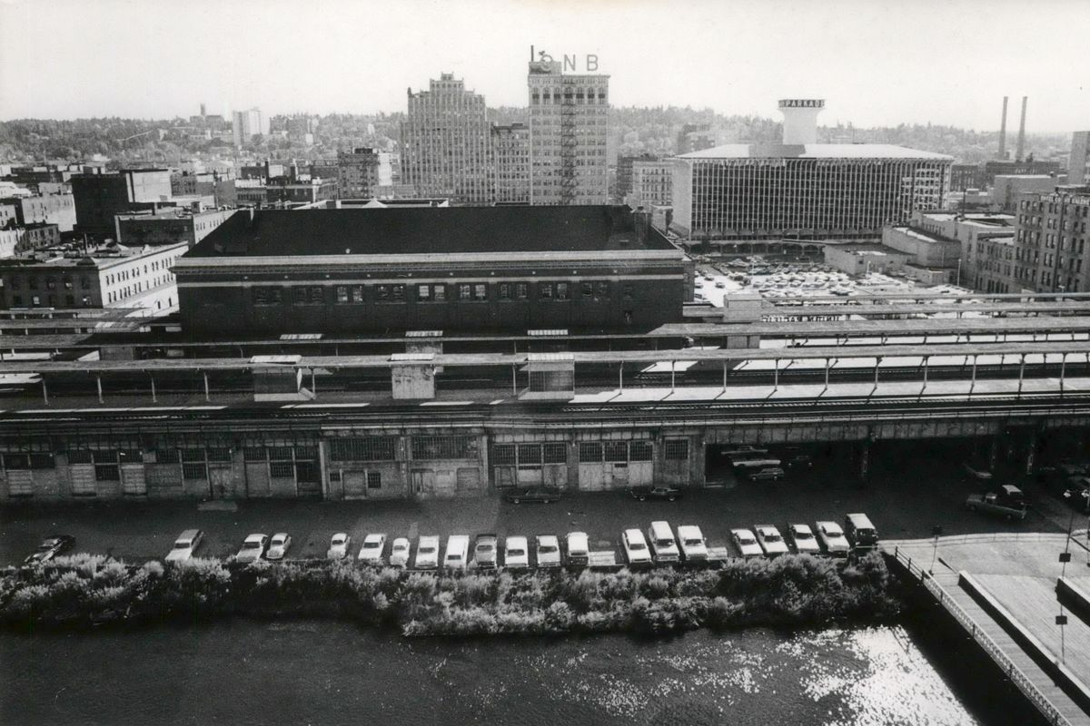 Union Station, opened in 1914, and its railroad tracks are seen in this 1971 photo from the Great Northern station clocktower shortly before the decision was made to tear all down the station and all the rail infrastructure in the area that would become Expo ‘74, then Riverfront Park in downtown Spokane. (SPOKESMAN-REVIEW PHOTO ARCHIVE / SR)