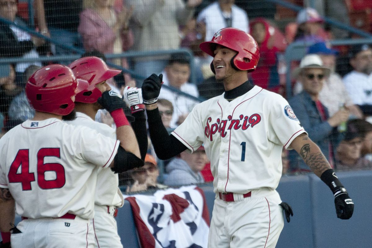 Obie Ricumstrict, right, of the Spokane Indians celebrates hitting a home run against the Boise Hawks at Avista Stadium on June 21, 2019.  (KATHY PLONKA)