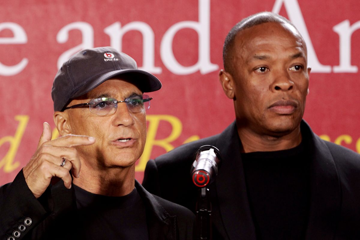Jimmy Iovine, left, and Dr. Dre at the University of Southern California on Wednesday. (Associated Press)