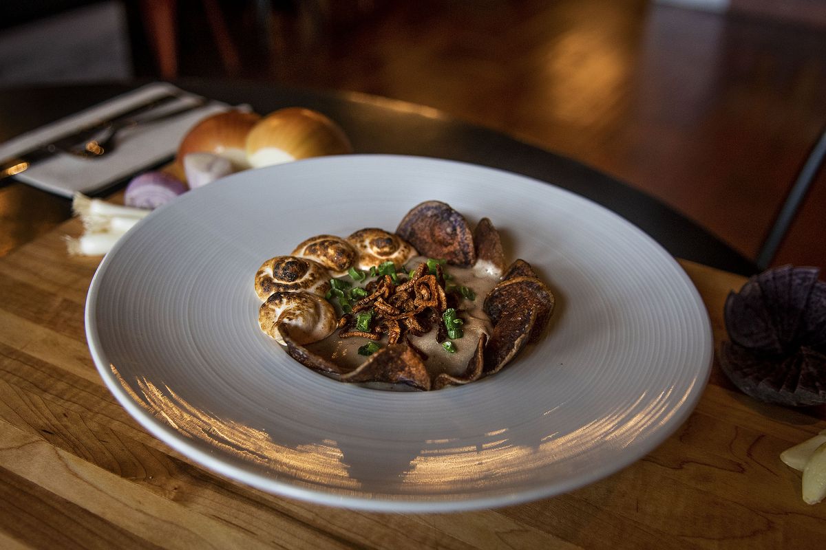 Roasted purple potato soup is served at Honey Eatery & Social Club in Coeur d’Alene on Nov. 10.  (Kathy Plonka/The Spokesman-Review)