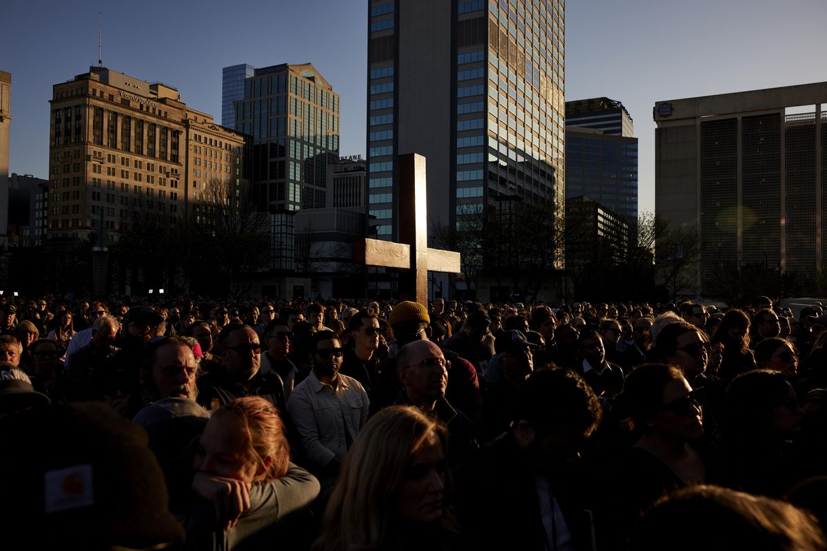 Hundreds gather at the citywide candlelight vigil for victims of the Covenant School shooting.  (Johnnie Izquierdo/For The Washington Post)