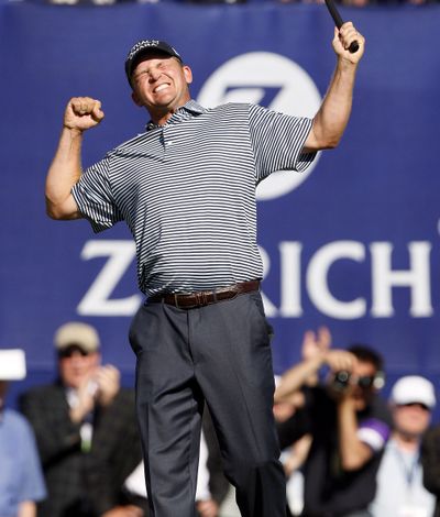 Jason Bohn celebrates on the 18th green after winning the Zurich Classic on Sunday.  (Associated Press)