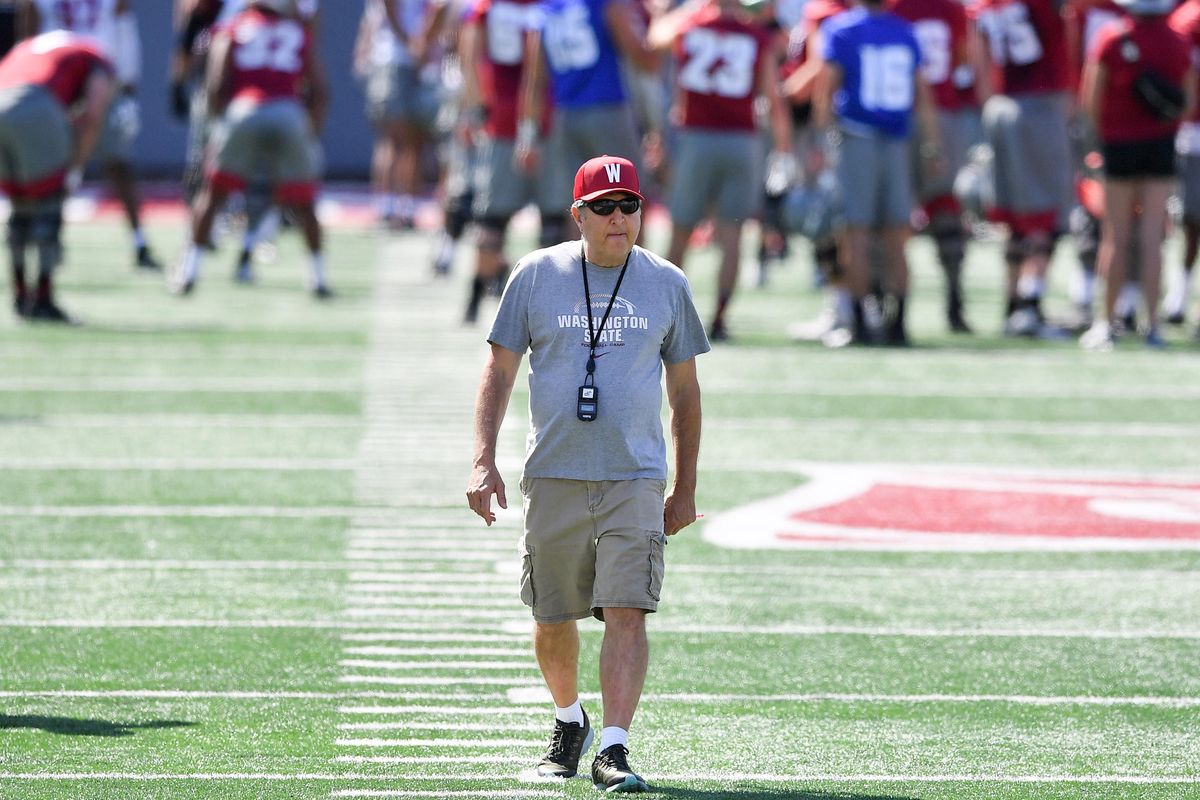 WSU head coach Mike Leach watches his team during a practice on Friday, August 2, 2019, at Martin Stadium in Pullman, Wash. (Tyler Tjomsland / The Spokesman-Review)