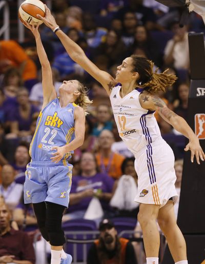 Phoenix’s Brittney Griner (right) has 12 blocks during the finals. (Associated Press)