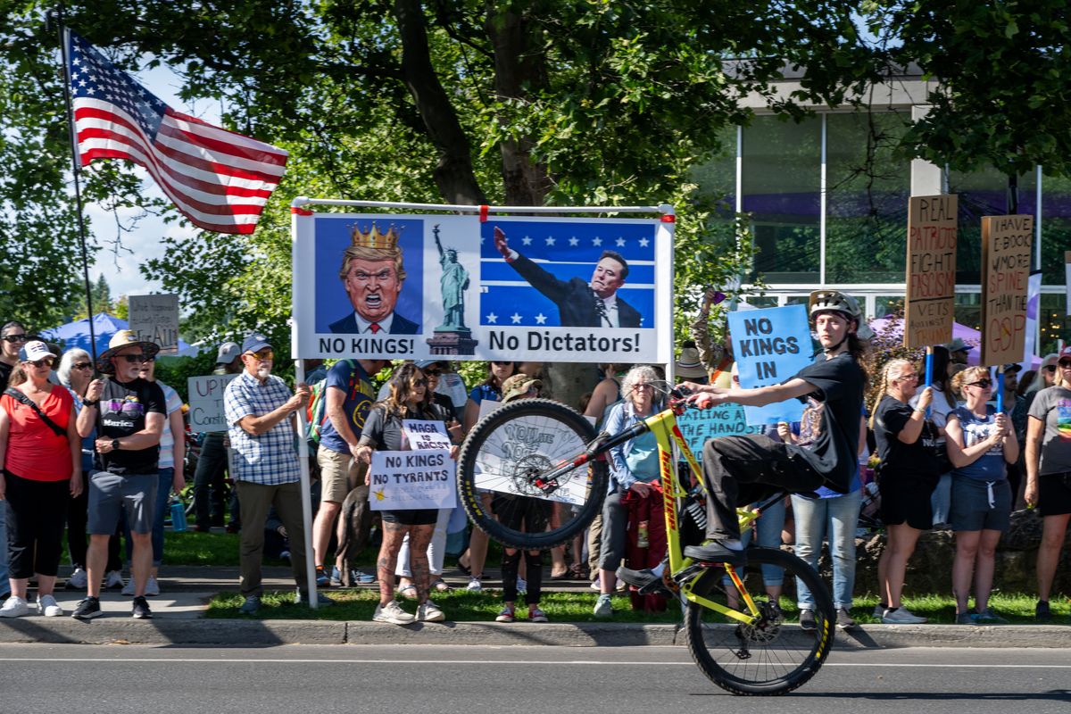 During the No Kings rally and march, thousands of protesters crowded Riverfront Park and lined Spokane Falls Boulevard on Saturday afternoon to protest policies of President Donald Trump. (Colin Mulvany/The Spokesman-Review)