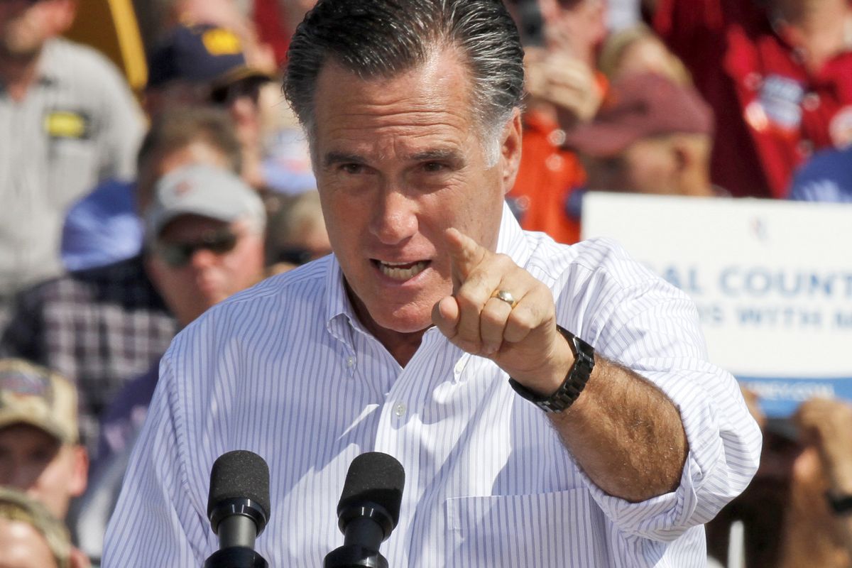 Republican presidential candidate, former Massachusetts Gov. Mitt Romney gestures during a rally in Abingdon, Va., Friday, Oct. 5, 2012. (Steve Helber / Associated Press)