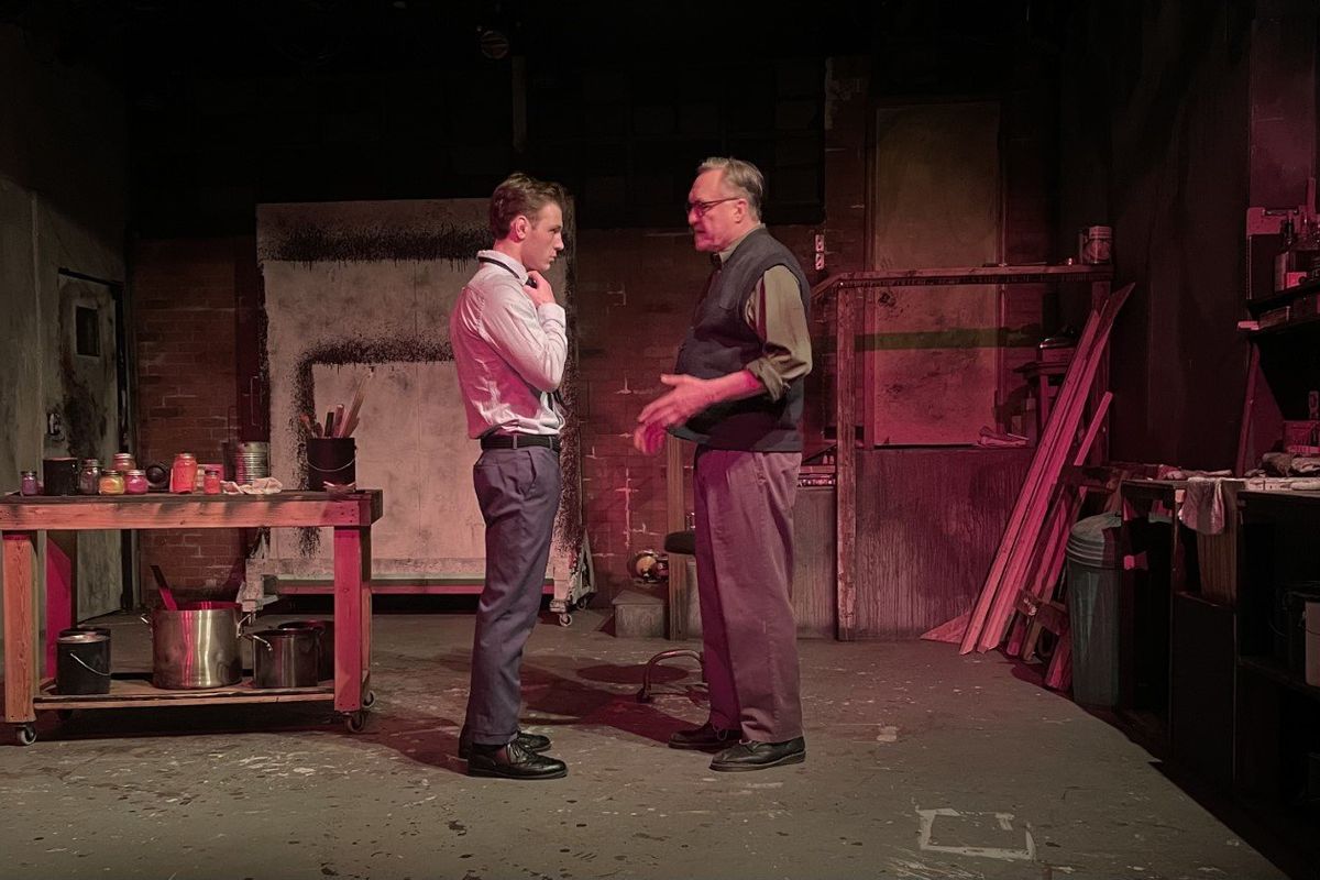 Raymond Horn (Ken) and Jamie Flanery (Mark Rothko) rehearse a scene from “Red,” the John Logan play opening Friday at Stage Left Theater.  (Stage Left Theater)