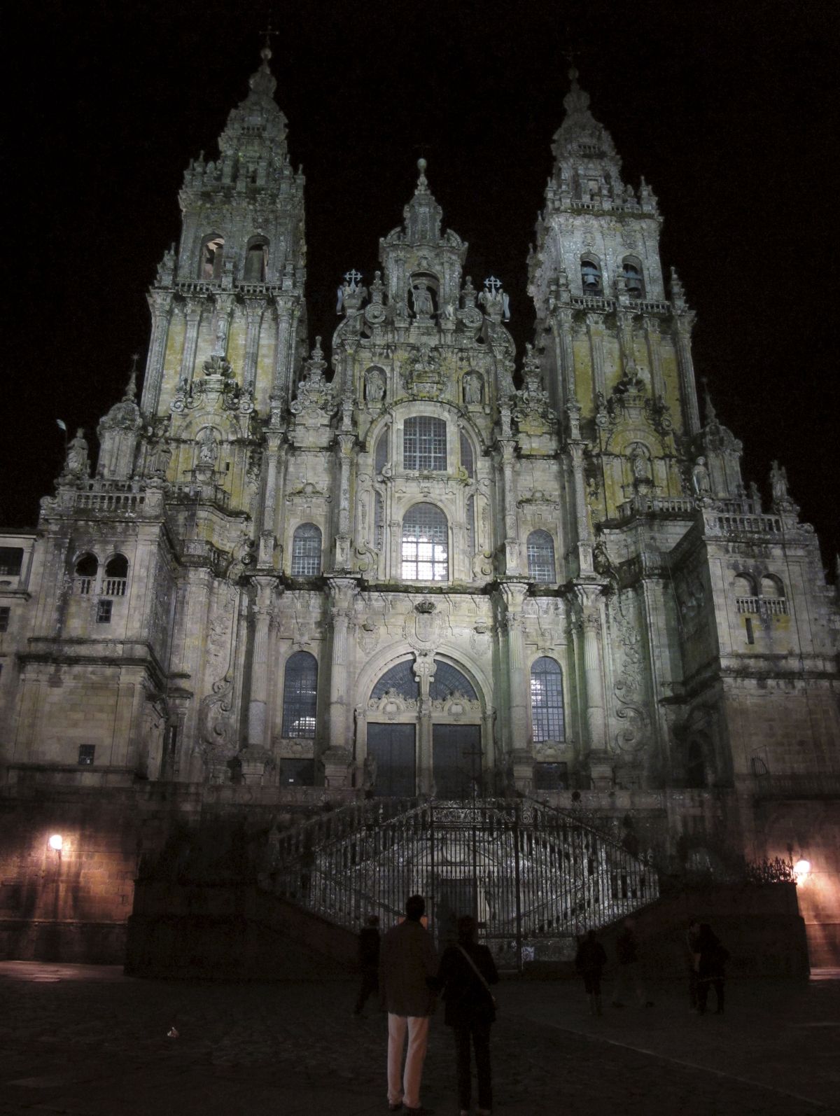 Lights illuminate the Cathedral of St. James in Santiago de Compostela, northern Spain. 