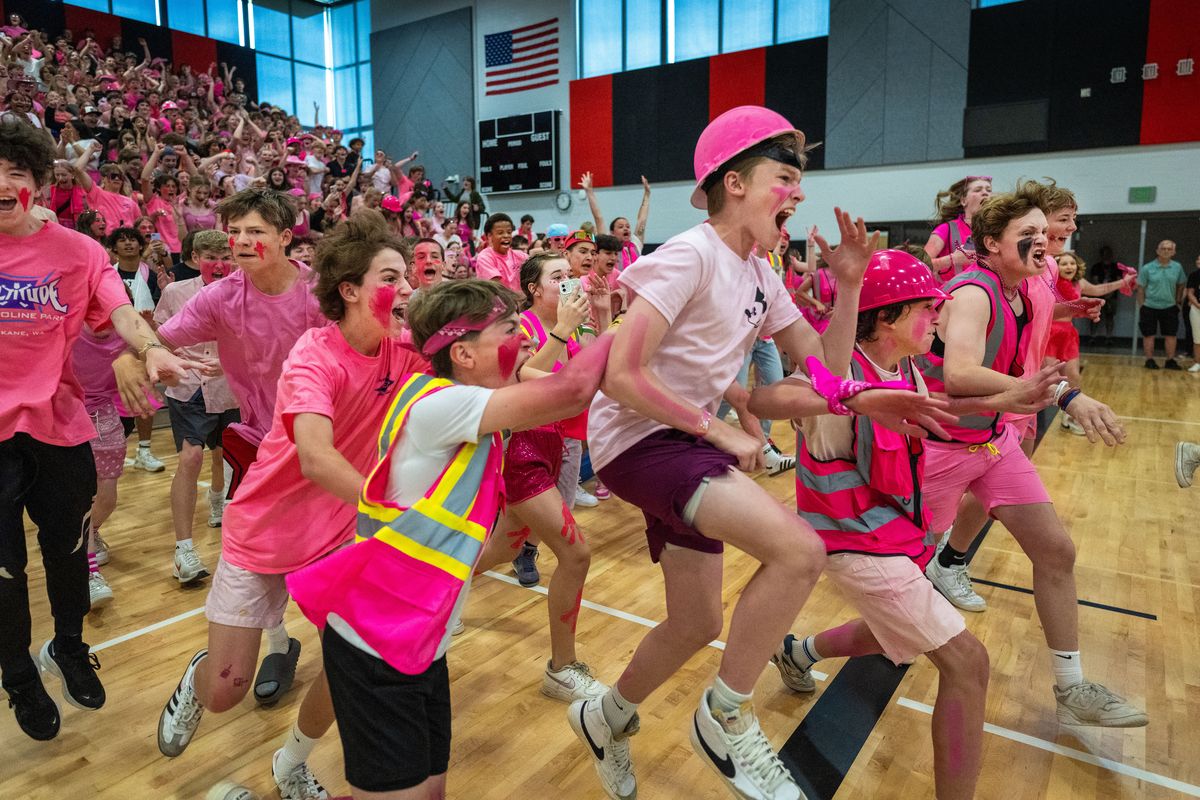 On the school year’s last day of classes, Sacajawea Middle School eighth-graders react Friday to hearing they won the annual Rubber Thunderbird spirit competition between grade levels.  (Colin Mulvany/The Spokesman-Review)