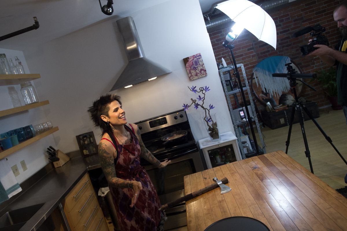 Donell Barlow performs while filming a series of cooking videos, “Dance Jam Kitchen.” (Tyler Tjomsland)