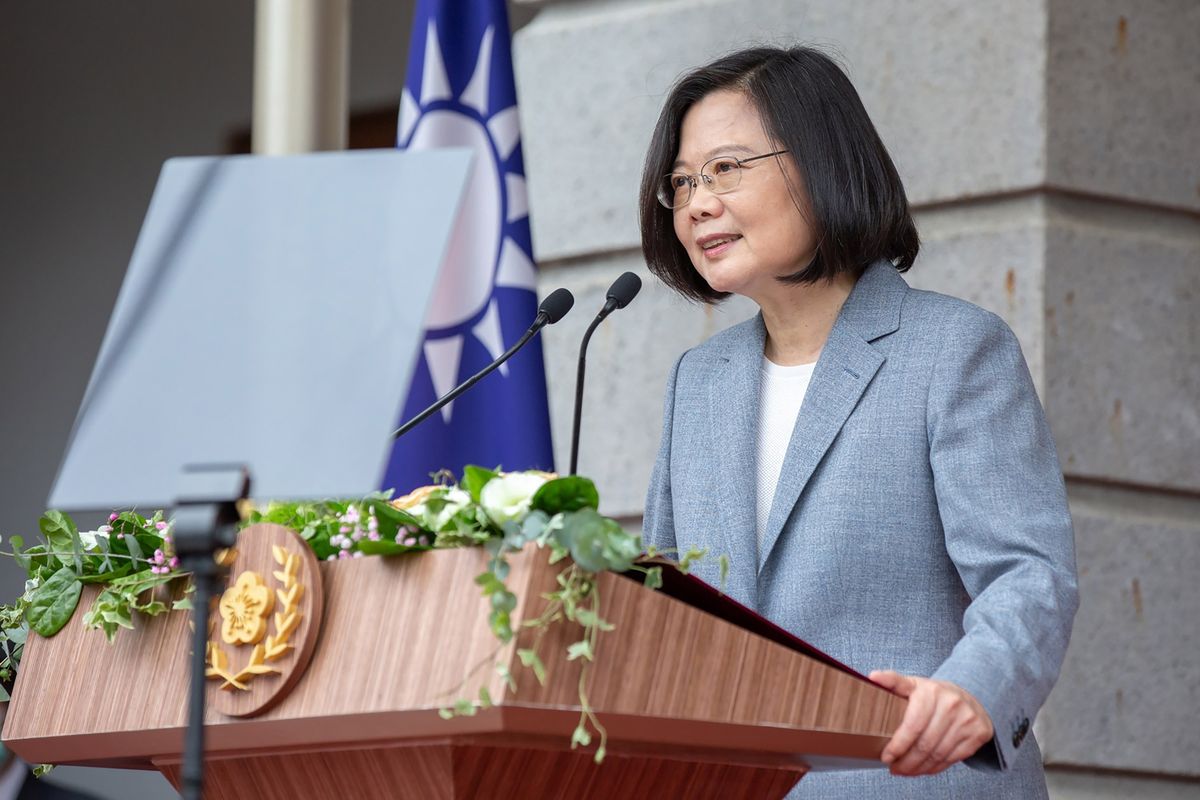 FILE - In this May 20, 2020, file photo released by the Taiwan Presidential Office, Taiwanese President Tsai Ing-wen delivers a speech after her inauguration ceremony at a government guest house in Taipei, Taiwan. U.S. Undersecretary of State Keith Krach is due to meet Tsai and other senior officials, the island