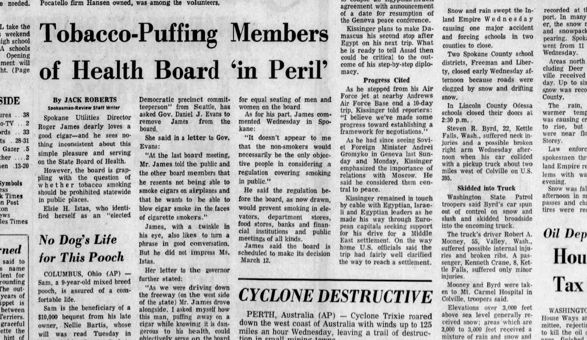Spokane Utilities Director Rogers James was a state health board commissioner but also a cigar smoker. A Seattle member of the board asked the governor to remove James because he was overheard saying that “he resents not being able to smoke cigars on airplanes and that he wants to be able to blow cigar smoke in the faces of cigarette smokers,” The Spokesman-Review reported on Feb. 20, 1975.  (Spokesman-Review archives)