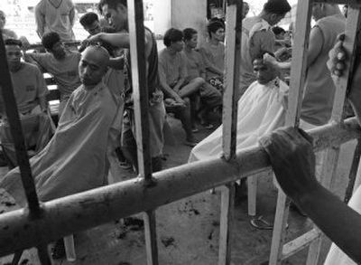 
Maximum security inmates from the national penitentiary have their heads shaved Wednesday  in part of the effort to use hair to contain the oil spill off Guimaras Island in central Philippines. 
 (Associated Press / The Spokesman-Review)