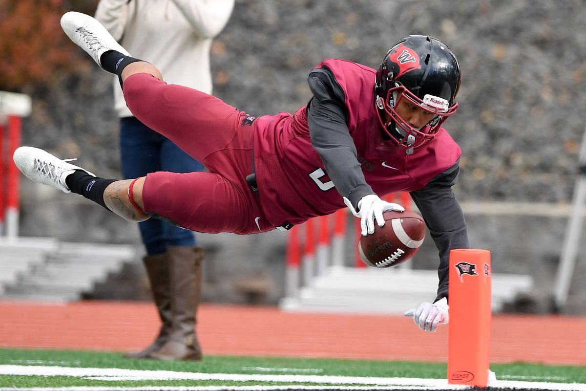 Whitworth wide receiver Noah Alejado (5) runs the ball for a touchdown against Pacific Lutheran during a college football game on Saturday, October 13, 2018, in Spokane, Wash. (Tyler Tjomsland / The Spokesman-Review)