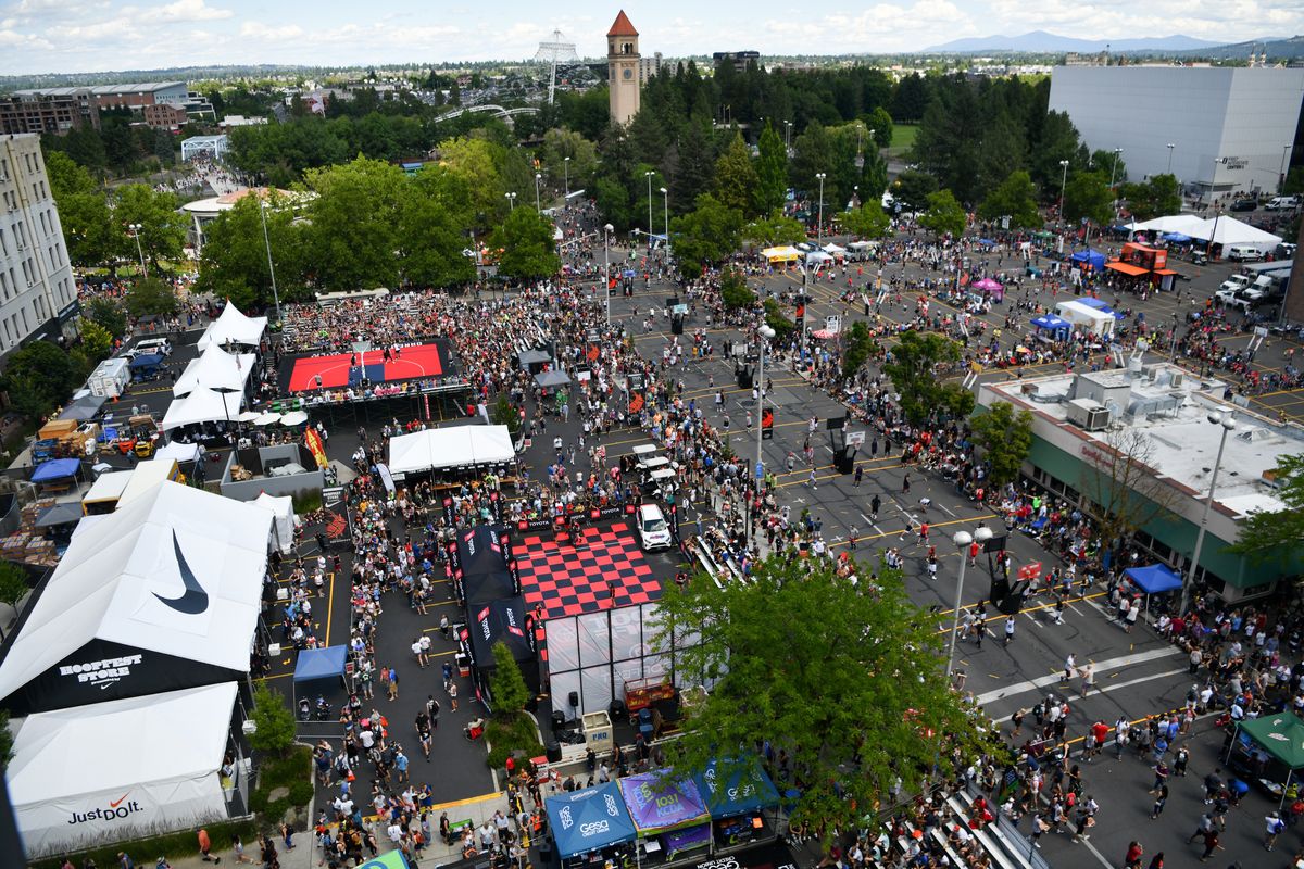 The streets of downtown Spokane are converted into basketball courts during Hoopfest 2019.  (TYLER TJOMSLAND)