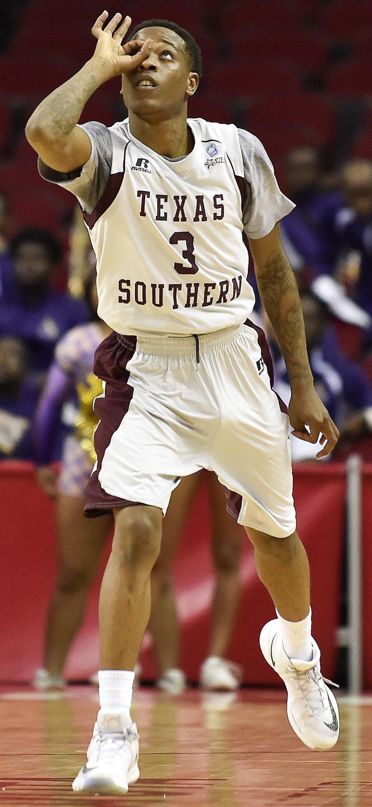 Texas Southern guard Demontrae Jefferson reacts after making a 3-point shot against Alcorn State in last year’s SWAC Tournament title game. (Eric Christian Smith / Associated Press)