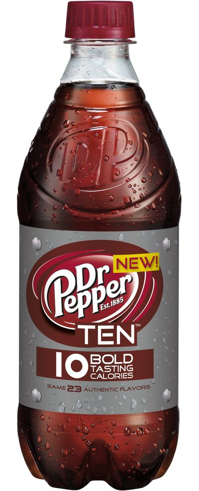 This photo provided by the Dr Pepper Snapple Group shows a bottle of the new soft drink Dr Pepper TEN. (Associated Press)