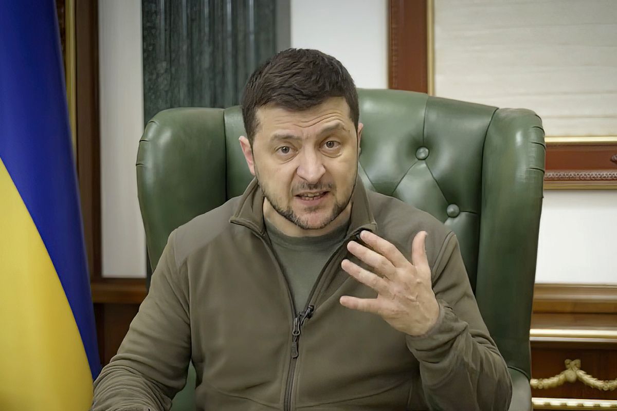 In this image from video provided by the Ukrainian Presidential Press Office and posted on Facebook early Saturday, March 12, 2022, Ukrainian President Volodymyr Zelenskyy speaks in Kyiv, Ukraine.  (HOGP)