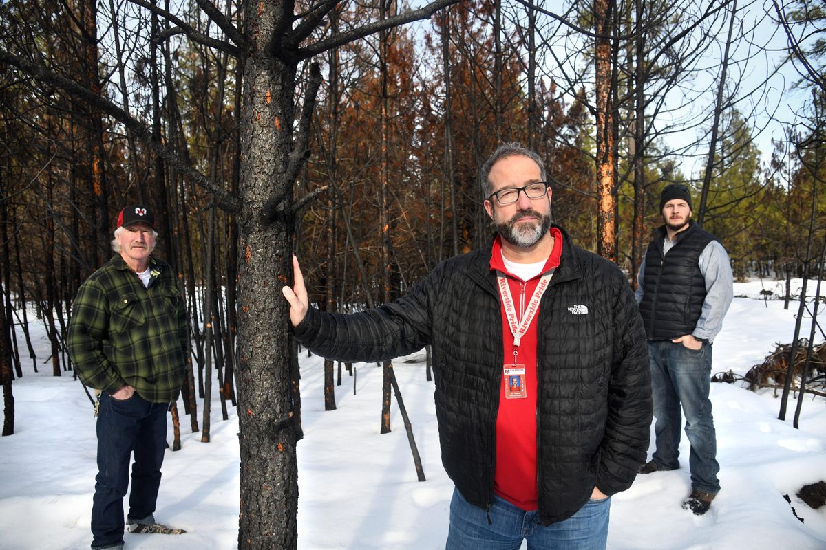 Riverside School District Superintendent Ken Russell, center, along with Rob Foster, lead grounds keeper, left, and Randy Burke, DNR land owner assistance forester, visit the site of a July 2018 fire on school district property. The Riverside School District, which owns 98 acres, has approved a forestry plan for their land that includes work to minimize wildfire risk. (Dan Pelle / The Spokesman-Review)