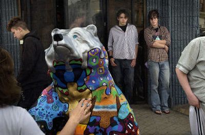 Crosswalk students created this colorful puzzle bear that will be moved to the STA Plaza next week.
(Brian Plonka / The Spokesman-Review)